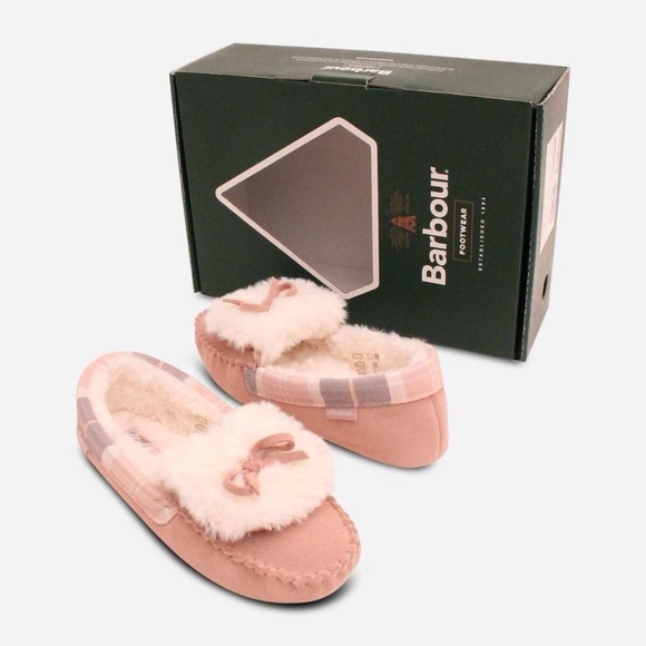 Barbour Ladies DARCIE Mocassin Slippers Pink Suede Tartan Trim Faux Fur Shoes - Picture 1 of 6